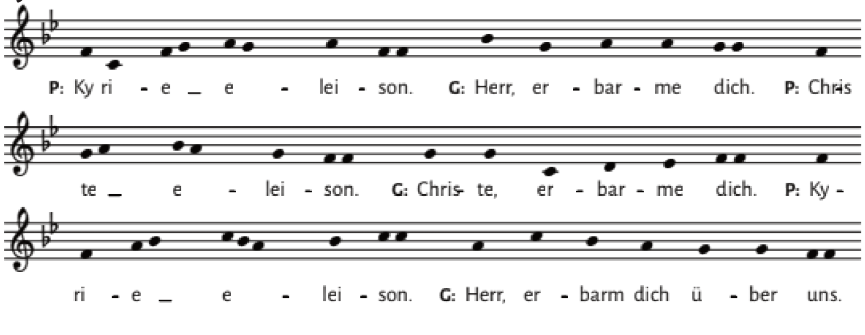 Notensatz Kyrie: Kyrie eleison, Christe eleison, Herr erbarm dich über uns.
